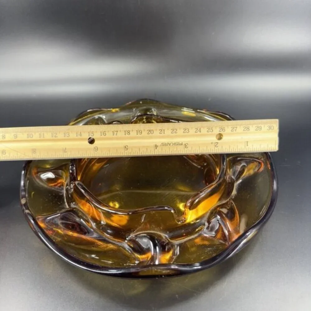 1960s Vintage Amber‎ Glass Ashtray Dish Wavy Edges Vintage Glass Decor 8 In Wide